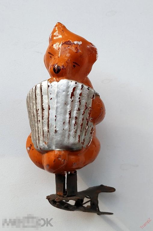 Елочная стеклянная игрушка прищепка. Медведь с баяном (в ремонт) #С