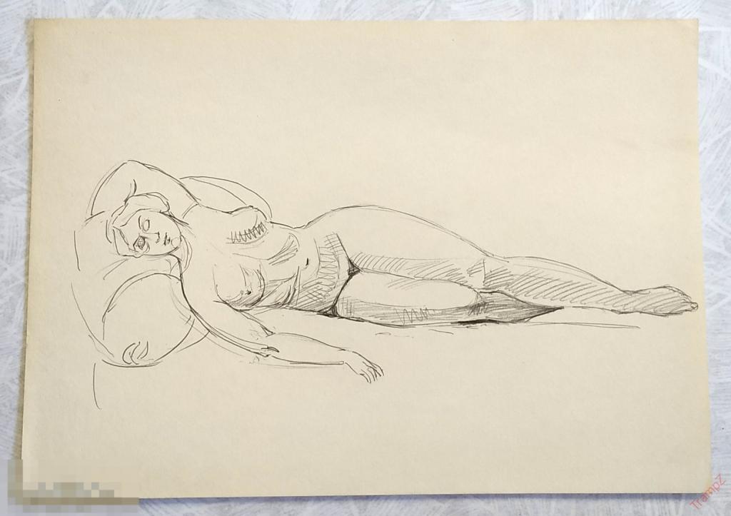 Рисунок набросок карандашом. Женщина обнаженная ню. В. Фролов 1950-70-е
