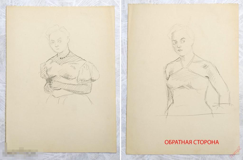 Рисунок набросок карандаш. Портрет женщина девушка. В. Фролов 1950-70-е