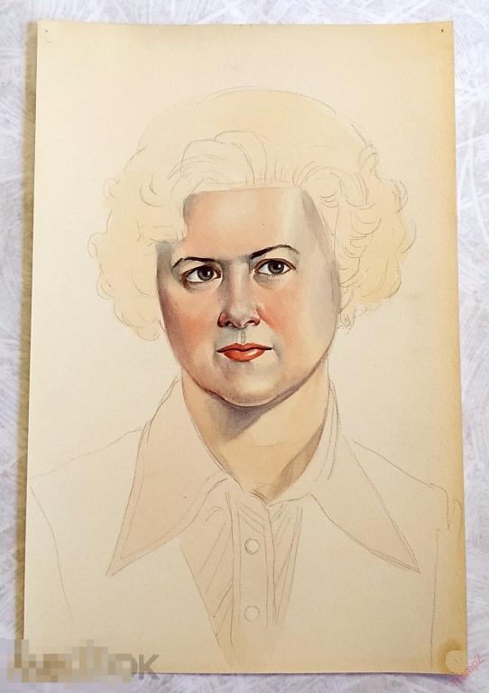 Рисунок набросок карандашом, акварель. Женщина портрет. В. Фролов 1950-70-е