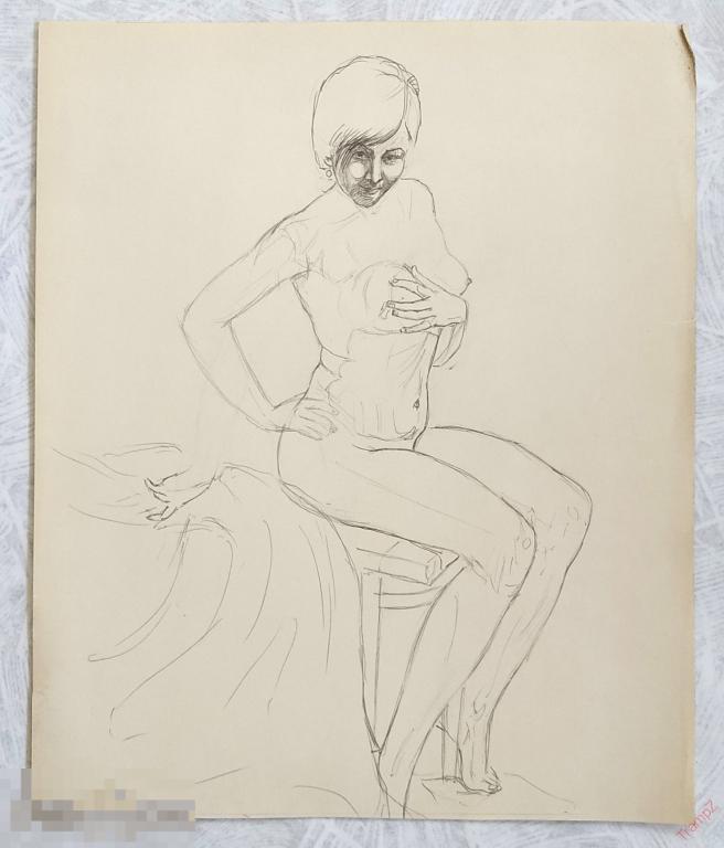 Рисунок набросок карандашом Обнаженная девушка. В. Фролов 1950-70-е