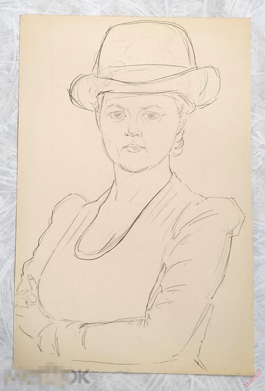 Рисунок набросок карандашом портрет Женщина в шляпке. В. Фролов 1950-70-е