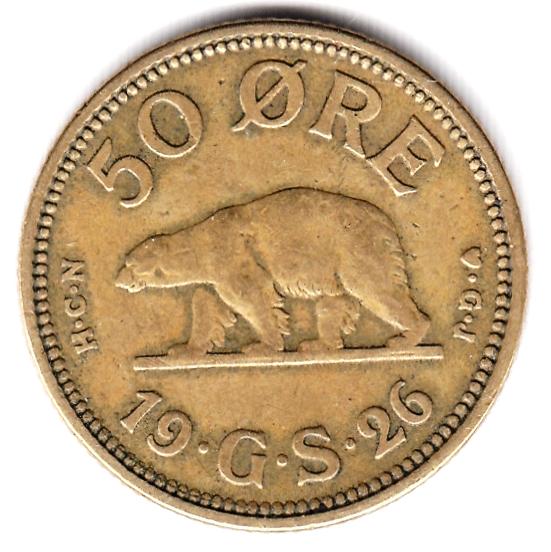 Гренландия - 50 эре 1926 GS - Медведь - Редкая, Оригинал, Отличная