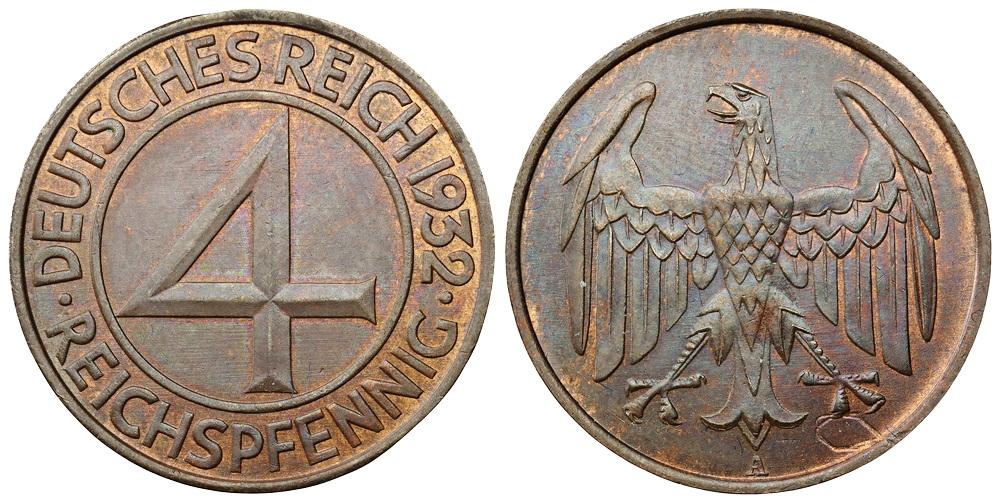 Веймарская Республика 4 пфеннига 1932A ННР MS63BN (0114)