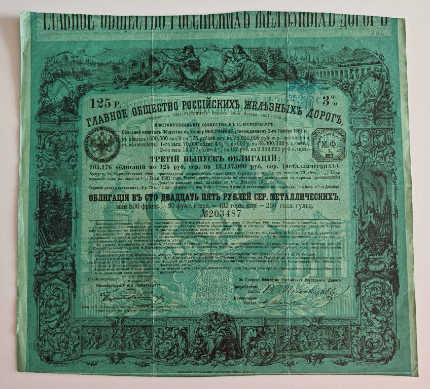 Главное общество Российских железных дорог 125 рублей 1881 3 выпуск 487 РЖД
