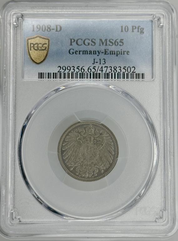 Германия Кайзеррайх 10 пфеннигов 1908 D PCGS MS65 – Топ Поп! Ультраредкость! J#13