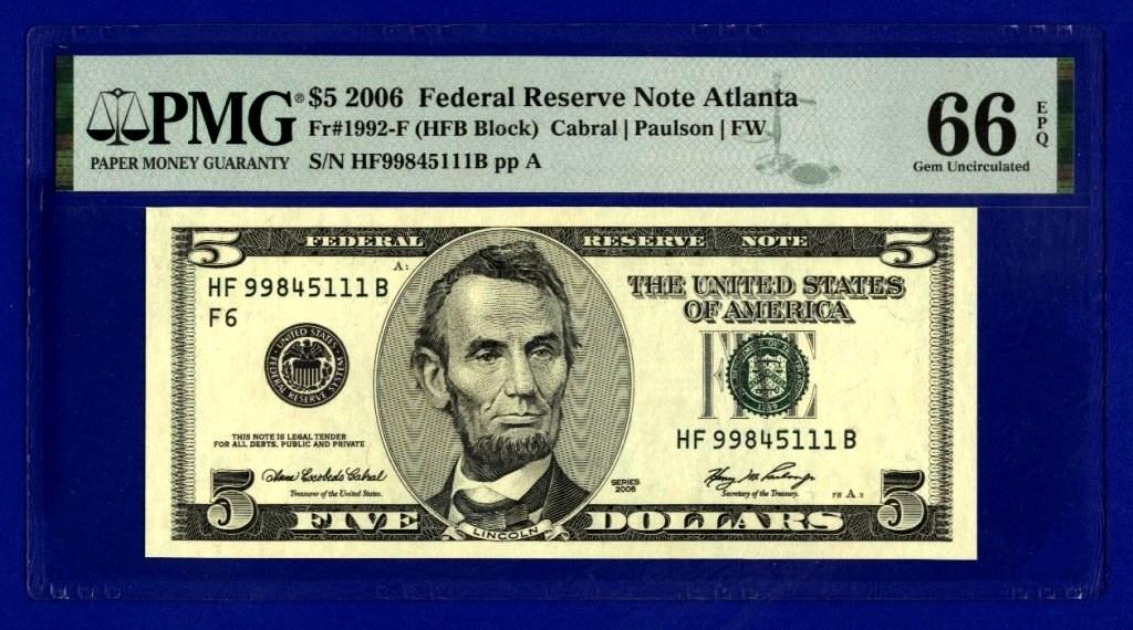 США 5 долларов 2006г HF 99845111B  FRBN Atlanta слаб PMG 66 EPQ