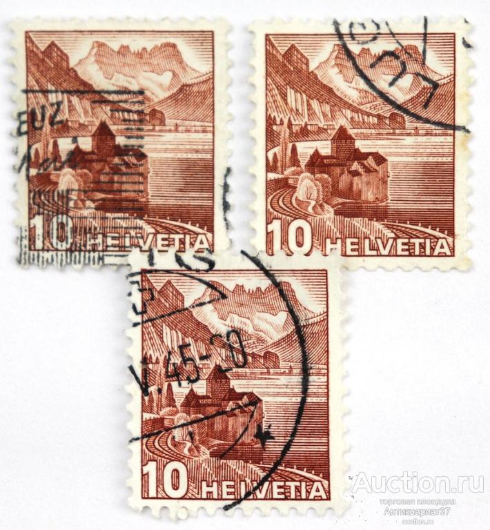 Марка 10 сентиме, Швейцария, Шильонский замок (красно-коричневый) 1939 год