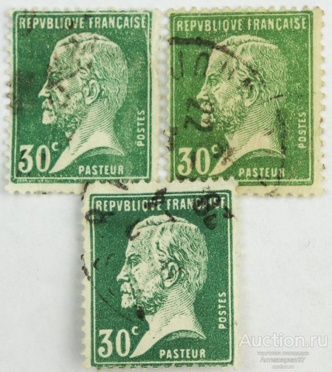 Марка 30 сантимов, Франция, Луи Пастер (зеленый) 1925-1926 год
