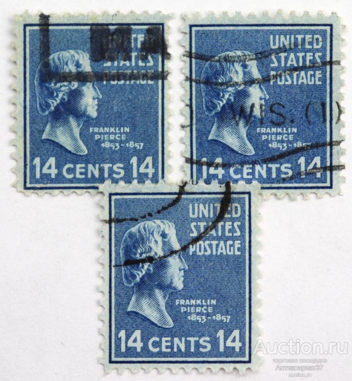Марка 14 центов, США, Франклин Пирс (темно-синий) 1938-1939 год