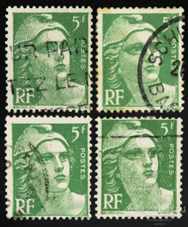 Марка 5 франков, Франция, Марианна, символ республики (темно-зеленый) 1945-1946 год
