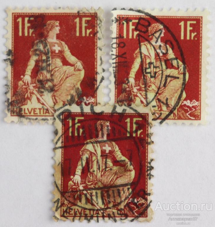 Марка 1 франк, Швейцария, Гельвеция (коричнево-карминный) 1908 год