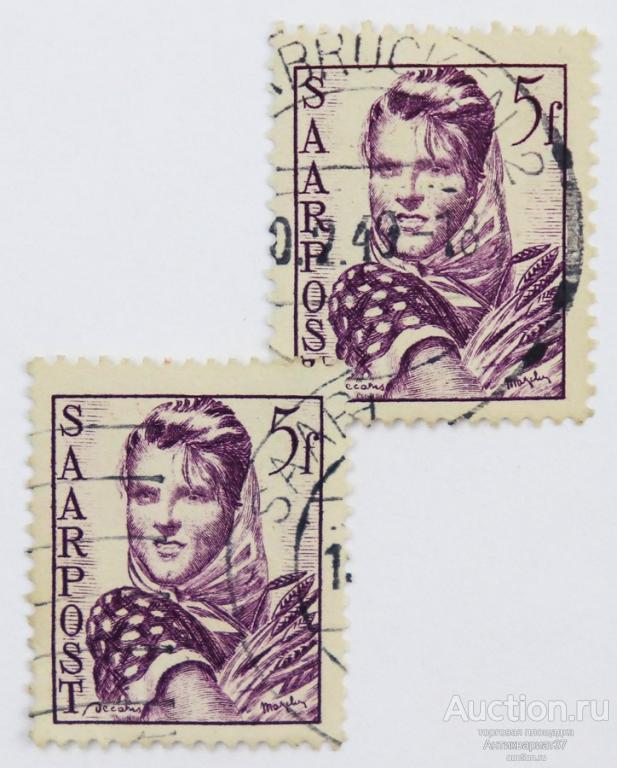 Марка 5 франков, Германия - Саар, девушка со снопом, 1948 год