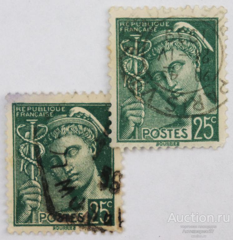 Марка 25 сантимов, Франция, Меркурий (зеленый) 1938-1942 год