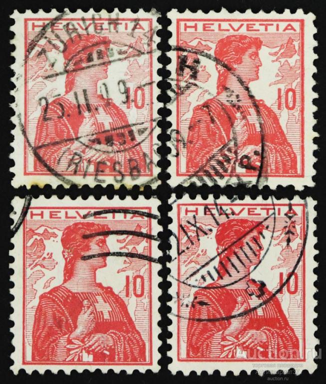 Марка 10 сентиме, Швейцария, Гельвеция (темно-красный) 1909 год