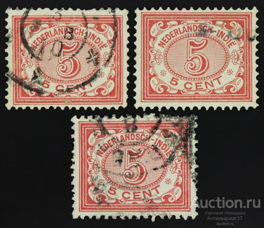 Марка 5 центов, Голландская Ост-Индия, Цифровые (красно-розовый) 1912-1914 год