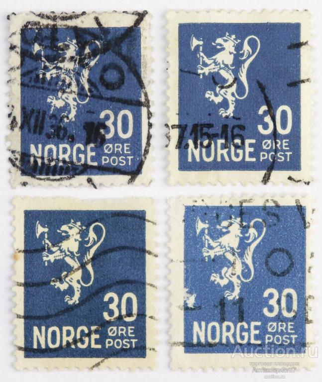 Марка 30 эре, Норвегия, Национальный герб (20х16 мм) 1927-1928 год