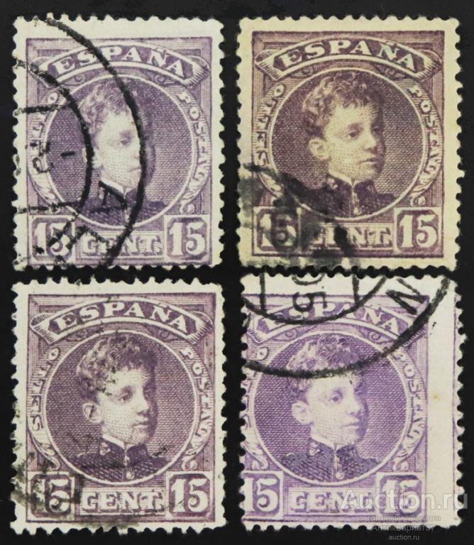 Марка 15 сентимо, Испания, Король Альфонсо XIII (серо-фиолетовый) 1902-1905 год