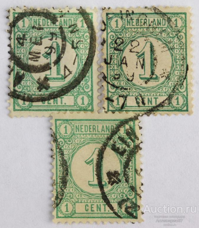 Марка 1 цент, Нидерланды (сине-зелёный) 1876 год