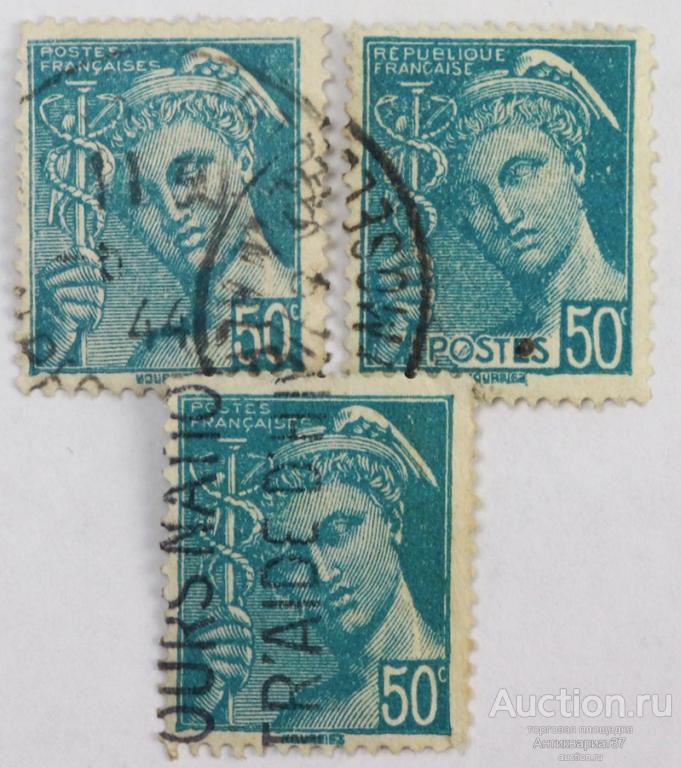 Марка 50 сантимов, Франция, Меркурий (зеленовато-голубой) 1938-1942 год