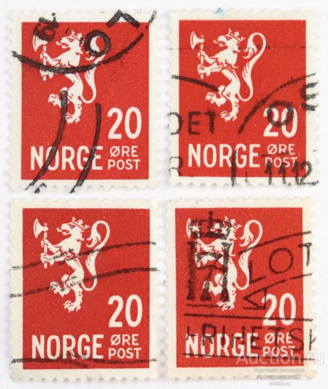 Марка 20 эре, Норвегия, Национальный герб (21х17 мм) 1937-1938 год