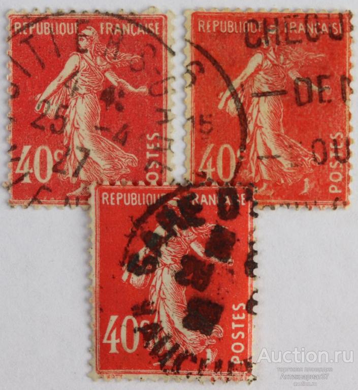Марка 40 сантимов, Франция, Сеятель, сплошной фон, без пьедестала (красный) 1925-1926 год