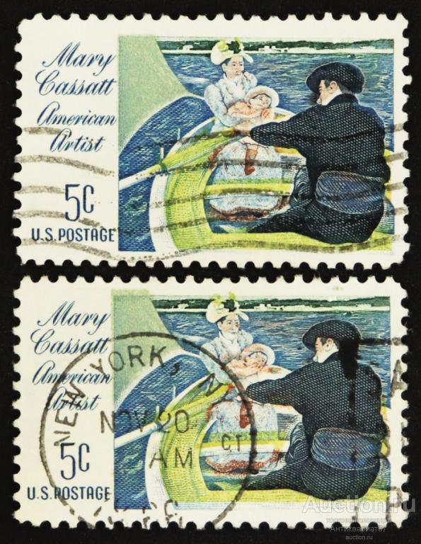 Марка Картина Вечеринка на лодке, художница Мэри Стивенсон Кэссетт, США, 1966 год