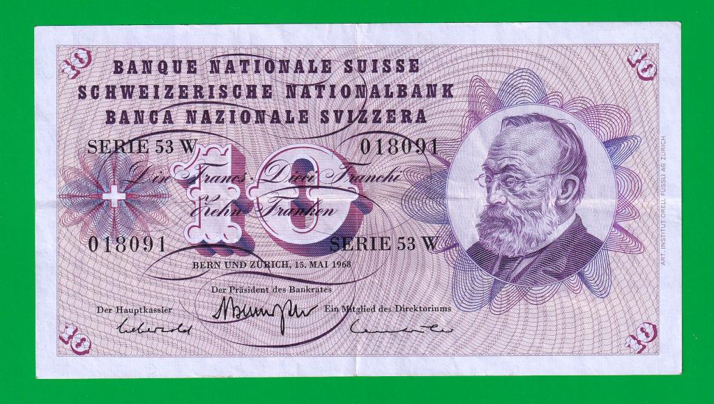 ШВЕЙЦАРИЯ   10 франков 1968 - 45n(1)  VF+