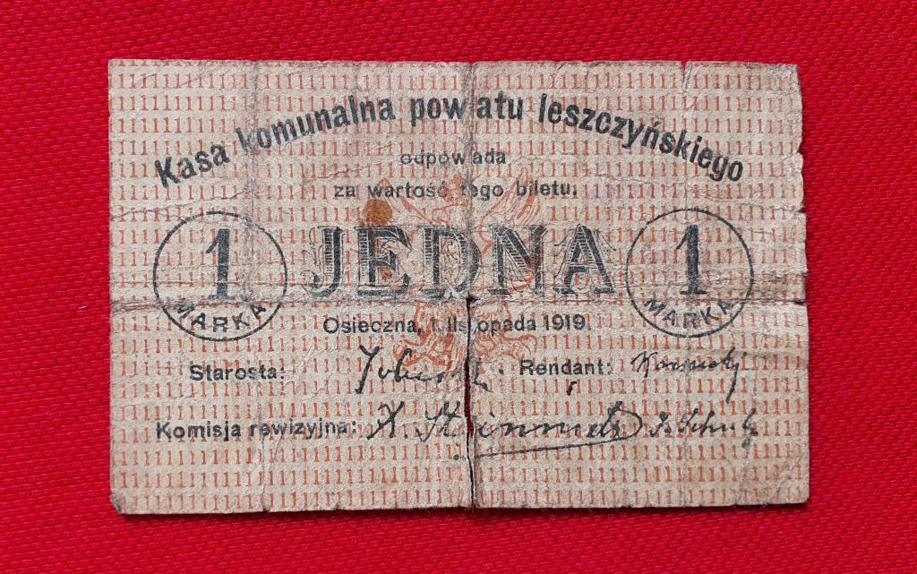 1 марка "Kasa komunalna powiatu leszczynskiego", 1919 г, Польша Осечно-Лешненский повят