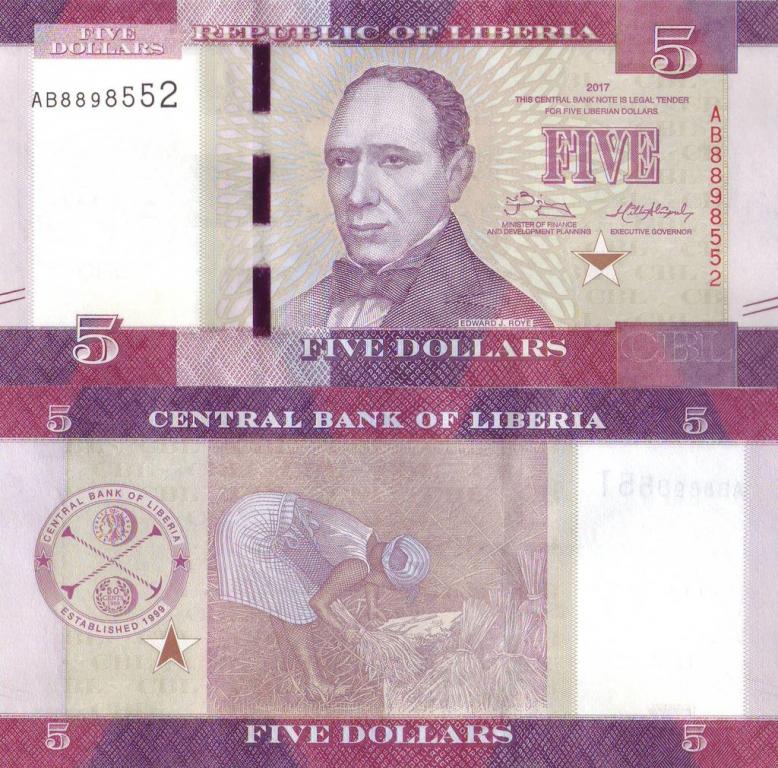 Либерия 5 долларов 2017 P31b пресс unc