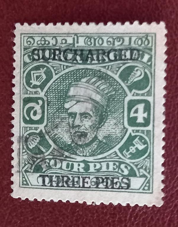 Индия Британская Княжество Кочин 1944 год Стандарт Махараджа Керала Варма II надпечатка Гаш +