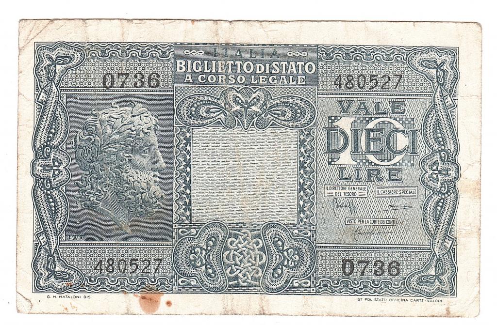 Италия 10 лир 1944 год