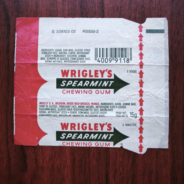 Обёртка от пачки пластинок  WRIGLEYS  Франция  SPEARMINT  этикетка  обертка  фантик пачка жвачка