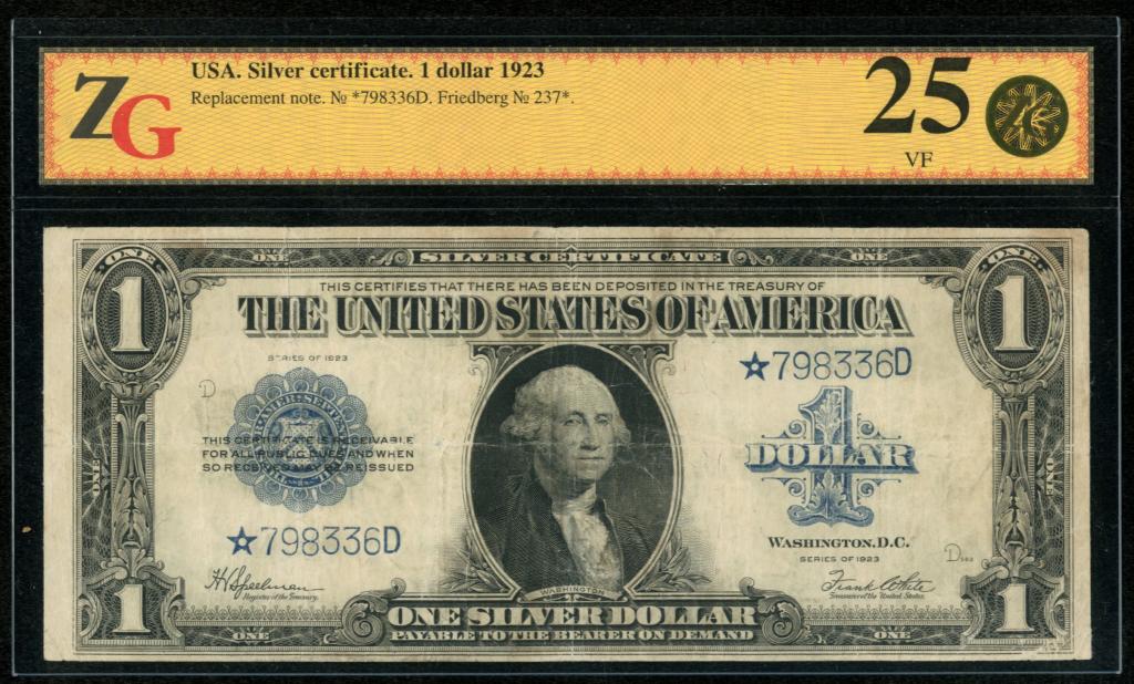 США. Silver certificate. 1 доллар 1923 г. Замещенная серия.