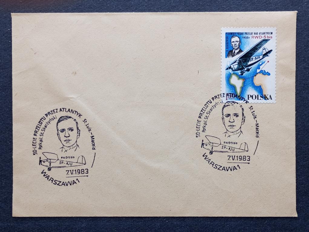 Польша 1983 Конверт , марка, спецгашение "50 лет перелету через Атлантику"