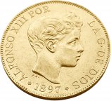 Испания. 100 Песет 1897(1897) г. Золото. 32.25 г*0.900 0.9332 oz.
