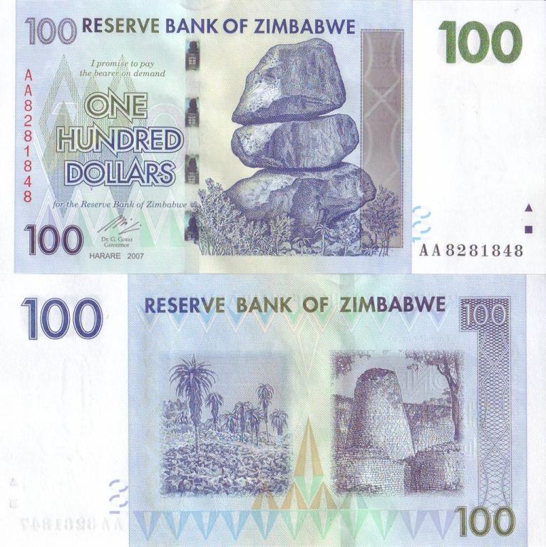 Зимбабве 100 долларов 2007 P69 AA пресс unc