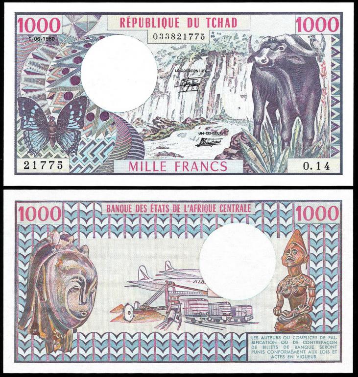 ЧАД 1000 франков 1980 год. UNC