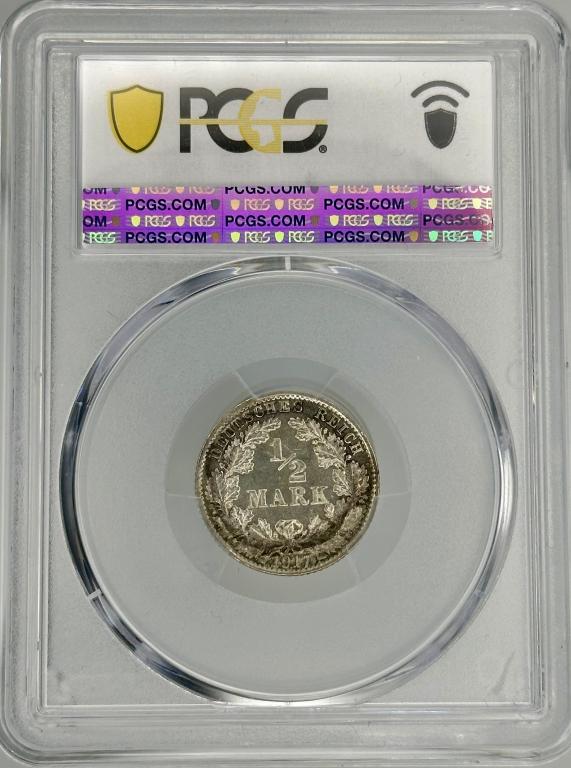 Германия 1/2 марки 1917 D PCGS MS66 очень редкая! J#16