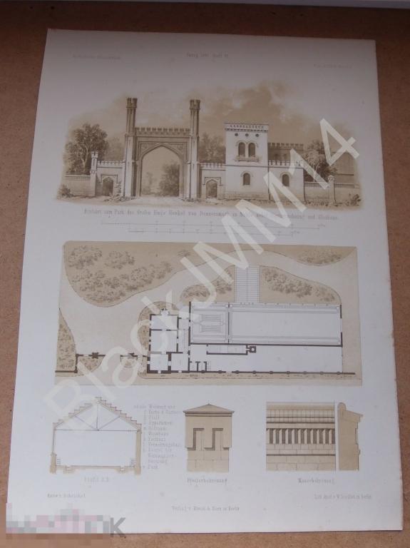 1867 г. Литография Архитектура Оригинал Датирована Особняк Парк графа Хенкеля План