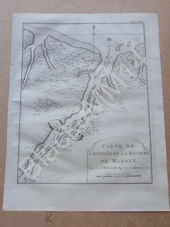 1774 Гравюра на меди Глубокий оттиск Карта Южная Америка Суринам Река Марони