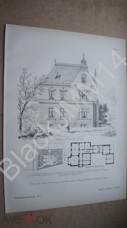1887 г. Литография Архитектура Германия Нойс Вилла Особняк План Сад