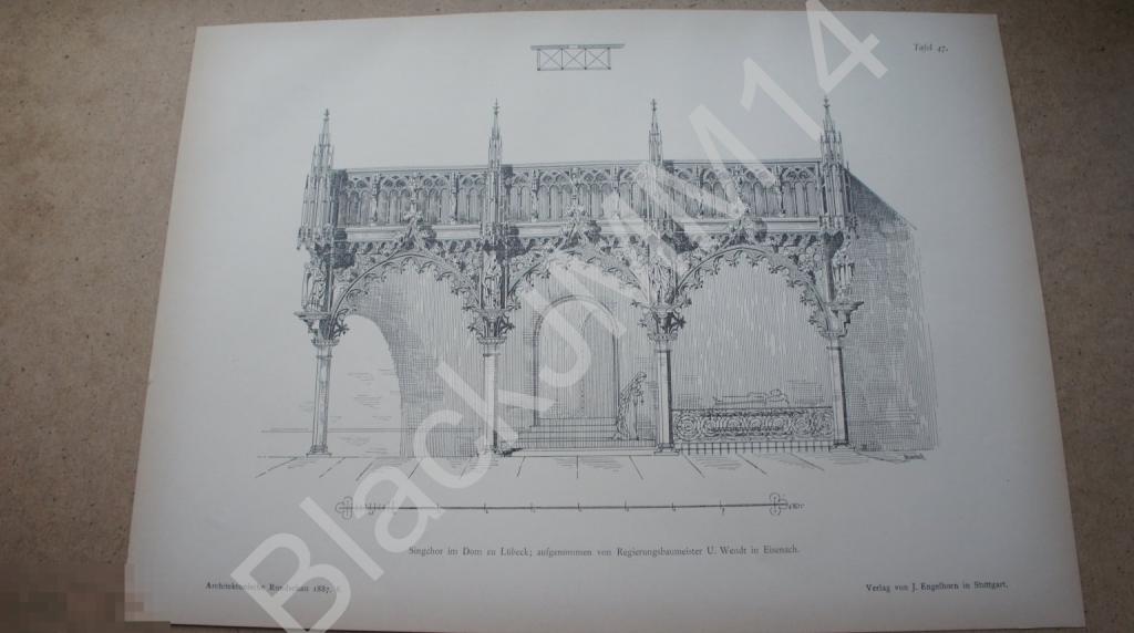 1887 г. Литография Архитектура Любек Балкон Певческий хор Собор