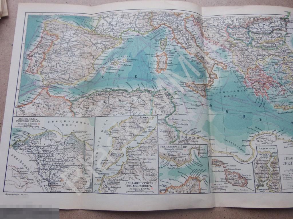 1909 г. Карта Страны прилежащие к Средиземному морю Италия Испания