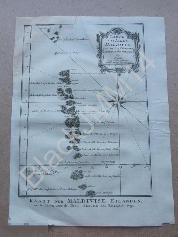 1753 Гравюра на меди Глубокий оттиск Карта Мальдивские острова Атоллы