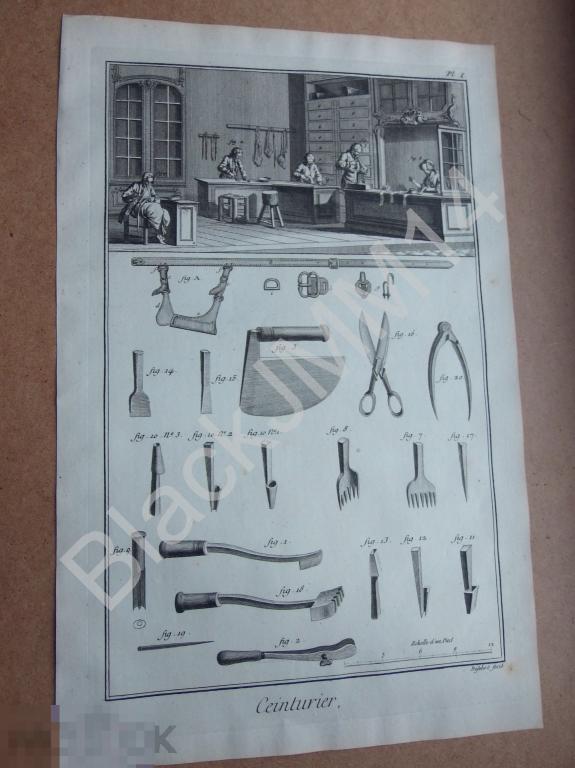 1763 г. Гравюра на меди Дени Дидро  Мастерская Инструмент Изготовление поясов Ремень