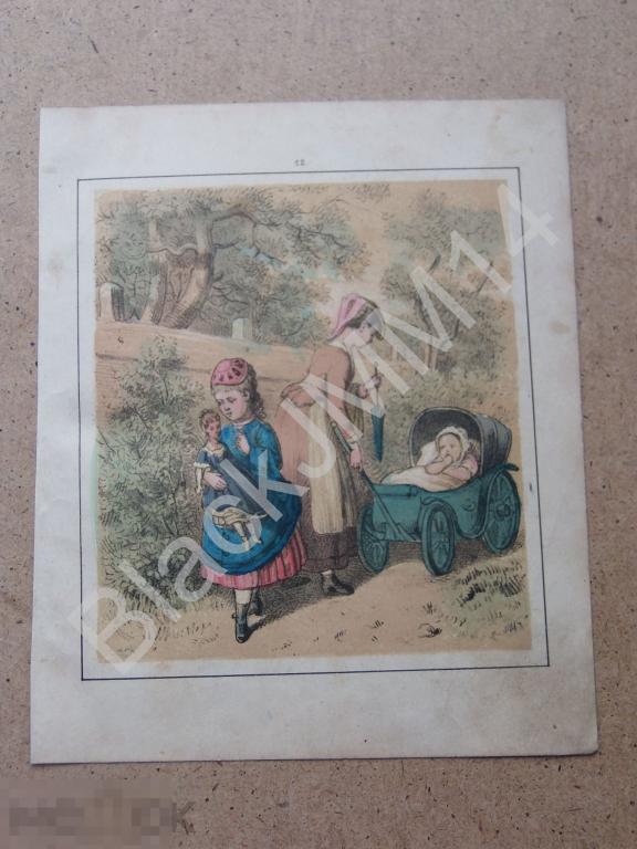 1880 г. Цветная литография Маленькая Анна Девочка на прогулке Кукла Детская коляска Малыш