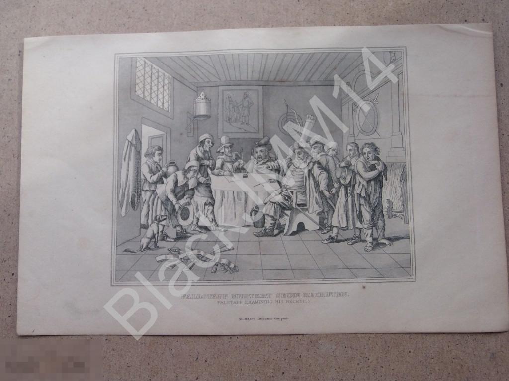 1840 г. Гравюра Хогарт Шекспир Сэр Фальстаф Взятка Армия