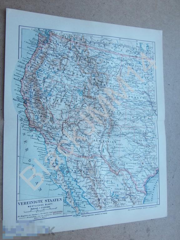 1890 г. Карта США Штаты Калифорния Аризона