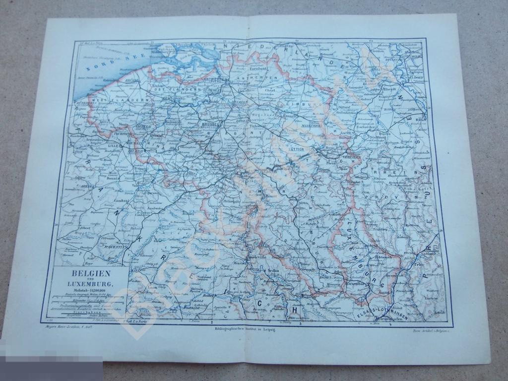 1888 г. Карта Бельгия Люксембург Брюссель